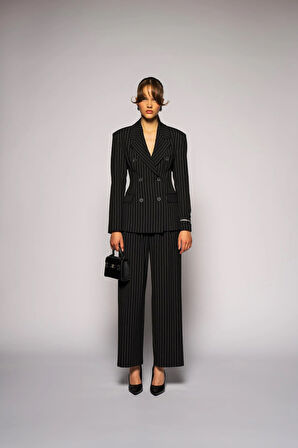 Kadın Siyah Pens Detaylı Çizgili Blazer