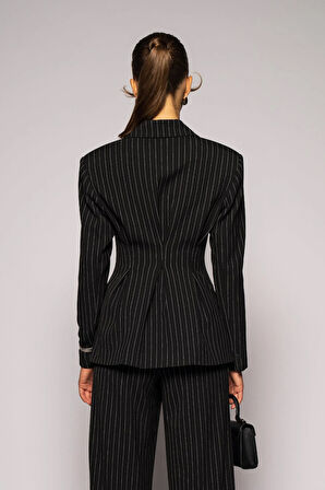 Kadın Siyah Pens Detaylı Çizgili Blazer