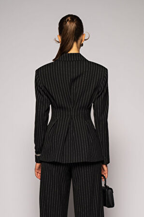 Kadın Siyah Pens Detaylı Çizgili Blazer