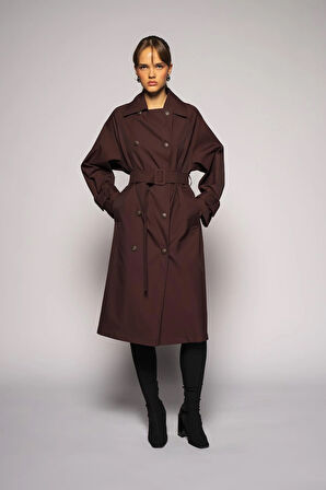 Kadın Koyu Bordo Pileli Oversize Trençkot