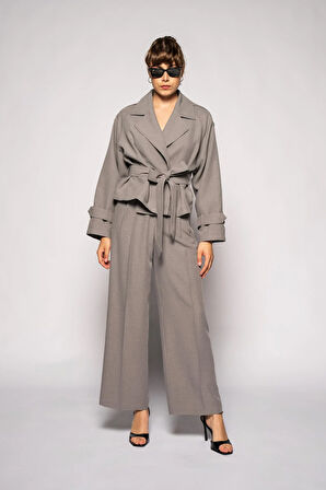 Kadın Gri Kuşaklı Kısa Trençkot