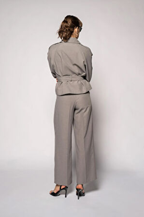 Kadın Gri Kuşaklı Kısa Trençkot