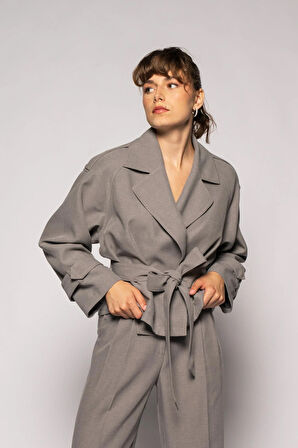 Kadın Gri Kuşaklı Kısa Trençkot