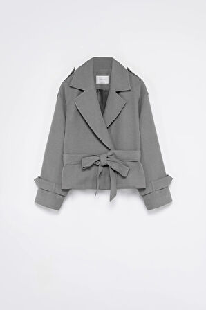 Kadın Gri Kuşaklı Kısa Trençkot