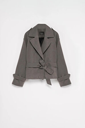 Kadın Antrasit Kuşaklı Kısa Trençkot