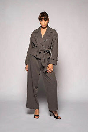 Kadın Antrasit Kuşaklı Kısa Trençkot