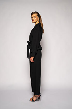 Kadın Siyah Kuşaklı Kısa Trençkot