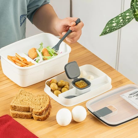Porsima 3192 Vakumlu Kendinden Kaşık Çatallı Sosluklu Bölmeli Beslenme Çantası - Taşınabilir 2 Katlı Lunch Box - Sefer Tası 1200 Ml Beyaz