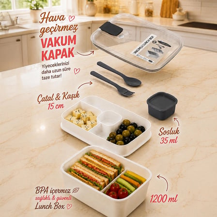 Porsima 3192 Vakumlu Kendinden Kaşık Çatallı Sosluklu Bölmeli Beslenme Çantası - Taşınabilir 2 Katlı Lunch Box - Sefer Tası 1200 Ml Beyaz