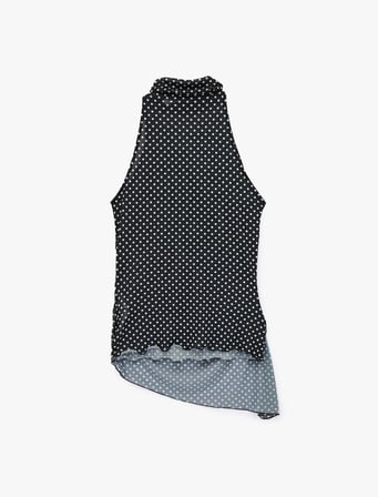 Slim Fit Asimetrik Kesim Kolsuz Dik Halter Yaka Puantiyeli Tül Bluz