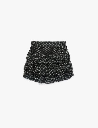 Slim Fit Kemerli Kat Kat Volümlü Fırfırlı Puantiyeli Tül Mini Etek