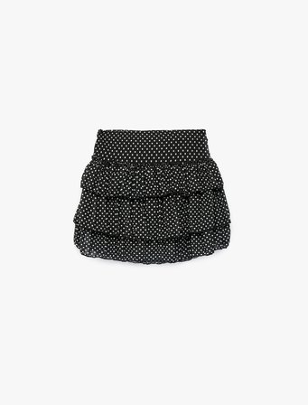 Slim Fit Kemerli Kat Kat Volümlü Fırfırlı Puantiyeli Tül Mini Etek