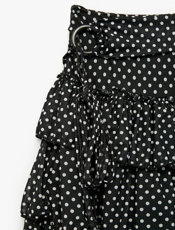 Slim Fit Kemerli Kat Kat Volümlü Fırfırlı Puantiyeli Tül Mini Etek