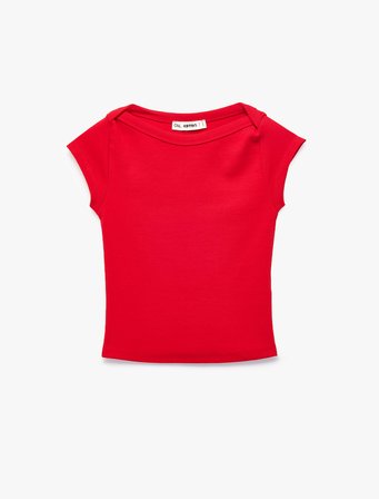Slim Fit Kısa Kollu Kayık Yaka Kaşkorse Pamuklu Tişört