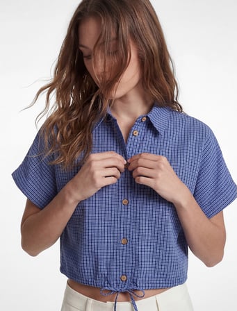 pamuklu düğmeli beli bağlama detaylı kısa kollu oversize kareli crop gömlek