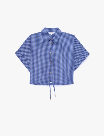 pamuklu düğmeli beli bağlama detaylı kısa kollu oversize kareli crop gömlek