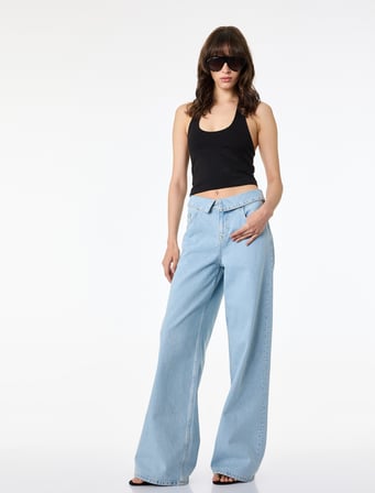 Normal Bel Katlama Detaylı Düğmeli Geniş Paça Denim Pantolon - Wide Leg Jeans