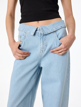 Normal Bel Katlama Detaylı Düğmeli Geniş Paça Denim Pantolon - Wide Leg Jeans