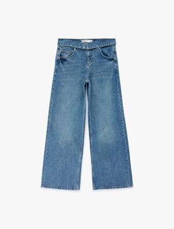 Normal Bel Katlama Detaylı Düğmeli Geniş Paça Denim Pantolon - Wide Leg Jeans