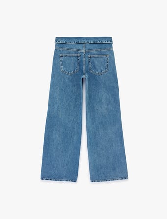 Normal Bel Katlama Detaylı Düğmeli Geniş Paça Denim Pantolon - Wide Leg Jeans