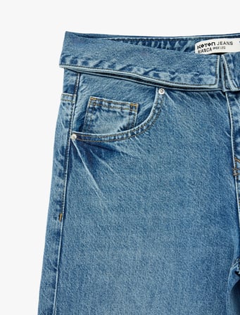 Normal Bel Katlama Detaylı Düğmeli Geniş Paça Denim Pantolon - Wide Leg Jeans