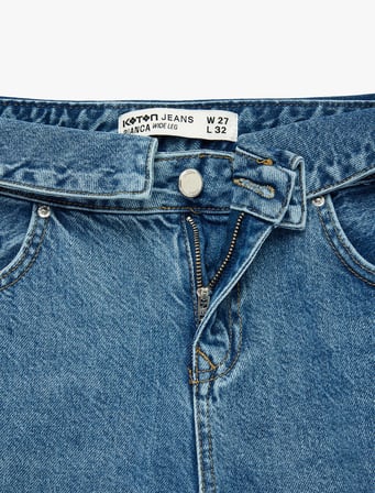 Normal Bel Katlama Detaylı Düğmeli Geniş Paça Denim Pantolon - Wide Leg Jeans