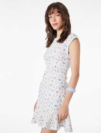 Kolsuz Drapeli Bisiklet Yaka Slim Fit Çiçekli Kloş Mini Elbise