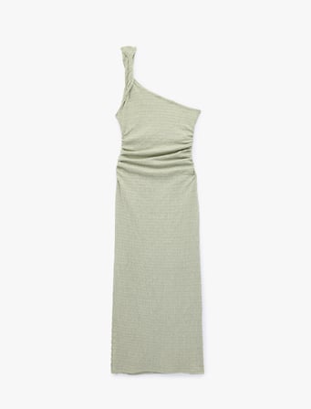 Bürümcük Kumaş Tek Omuz Kolsuz Slim Fit Drapeli Uzun Elbise