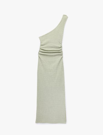 Bürümcük Kumaş Tek Omuz Kolsuz Slim Fit Drapeli Uzun Elbise