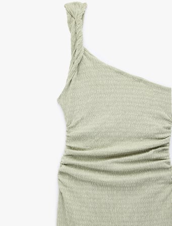 Bürümcük Kumaş Tek Omuz Kolsuz Slim Fit Drapeli Uzun Elbise
