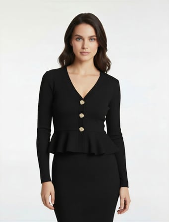 Slim Fit Mücevher Düğmeli V Yaka Uzun Kollu Peplum Hırka