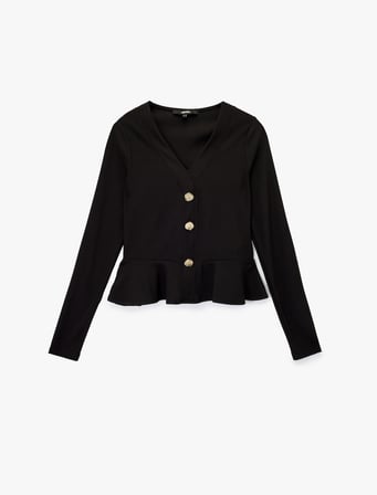 Slim Fit Mücevher Düğmeli V Yaka Uzun Kollu Peplum Hırka