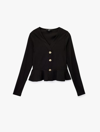 Slim Fit Mücevher Düğmeli V Yaka Uzun Kollu Peplum Hırka