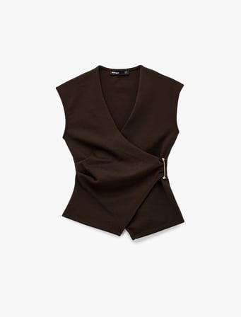 Slim Fit Metal Aksesuarlı V Yaka Kruvaze Yelek