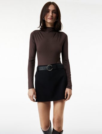 Slim Fit Uzun Kollu Drape Detaylı Hafif Dik Yaka Bodysuit