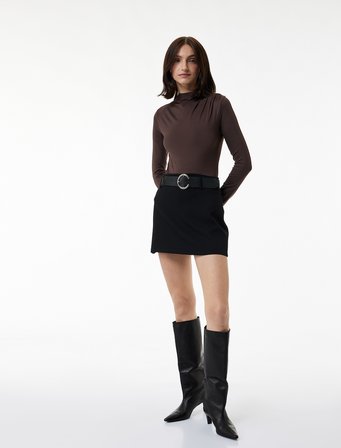 Slim Fit Uzun Kollu Drape Detaylı Hafif Dik Yaka Bodysuit