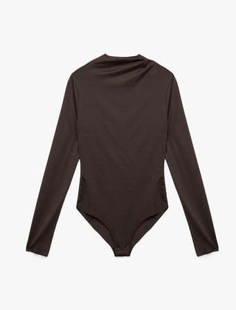 Slim Fit Uzun Kollu Drape Detaylı Hafif Dik Yaka Bodysuit