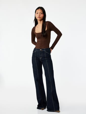 Slim Fit Kare Yaka Uzun Kollu Çıtçıtlı Body