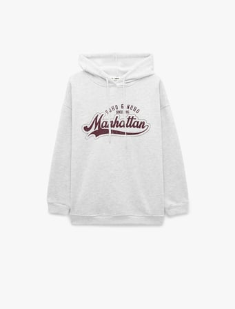 Şardonlu Uzun Kollu Baskılı Kapüşonlu Sweatshirt