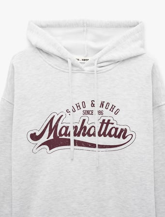 Şardonlu Uzun Kollu Baskılı Kapüşonlu Sweatshirt