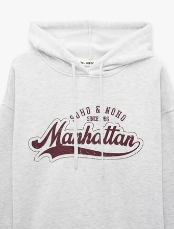 Şardonlu Uzun Kollu Baskılı Kapüşonlu Sweatshirt