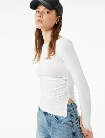Kayık Yaka Uzun Kollu Büzgülü Slim Fit Tişört