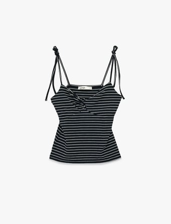 Slim Fit Fiyonklu Bağlama Detaylı Askılı Çizgili Top