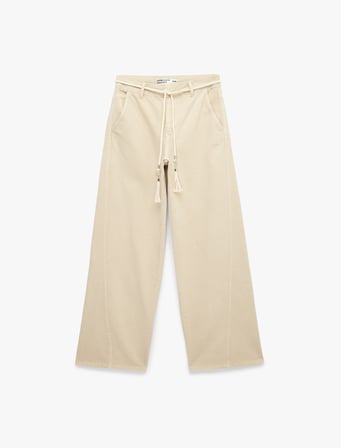 Pamuklu Normal Bel Kemerli Geniş Paça Pantolon -  Wide Leg Jeans