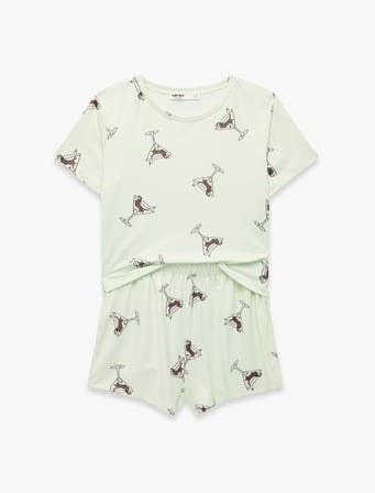 Bisiklet Yaka Kısa Kollu Rahat Kesim Şortlu Pijama Takımı