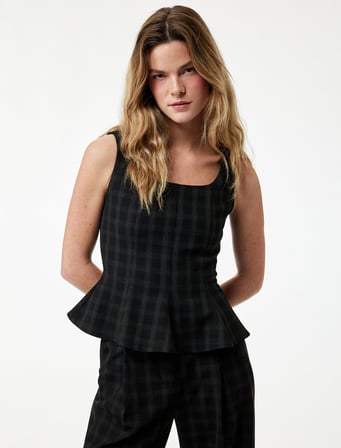 Kare Yaka Kolsuz Ekose Peplum Bluz