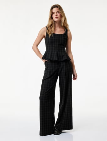 Kare Yaka Kolsuz Ekose Peplum Bluz