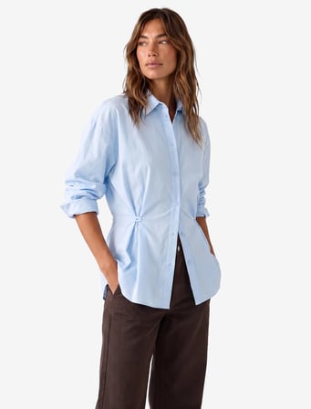 Pamuklu Uzun Kollu Pileli Bel Vurgulu Düğme Detaylı Poplin Oversize Gömlek
