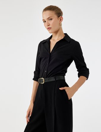Slim Fit Düğmeli Klasik Yaka Uzun Kollu Poplin Gömlek