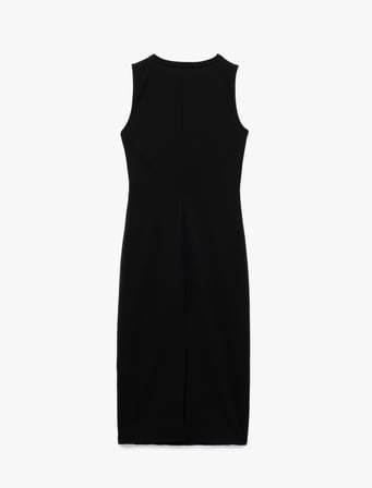 Krep Scuba Slim Fit Drapeli Yandan Bağlama Detaylı Bisiklet Yaka Kolsuz Midi Elbise